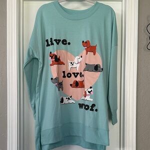 LuLaRoe Hannah Mint Green/ blue Sweatshirt with Pink Heart & Multi-Color Dogs